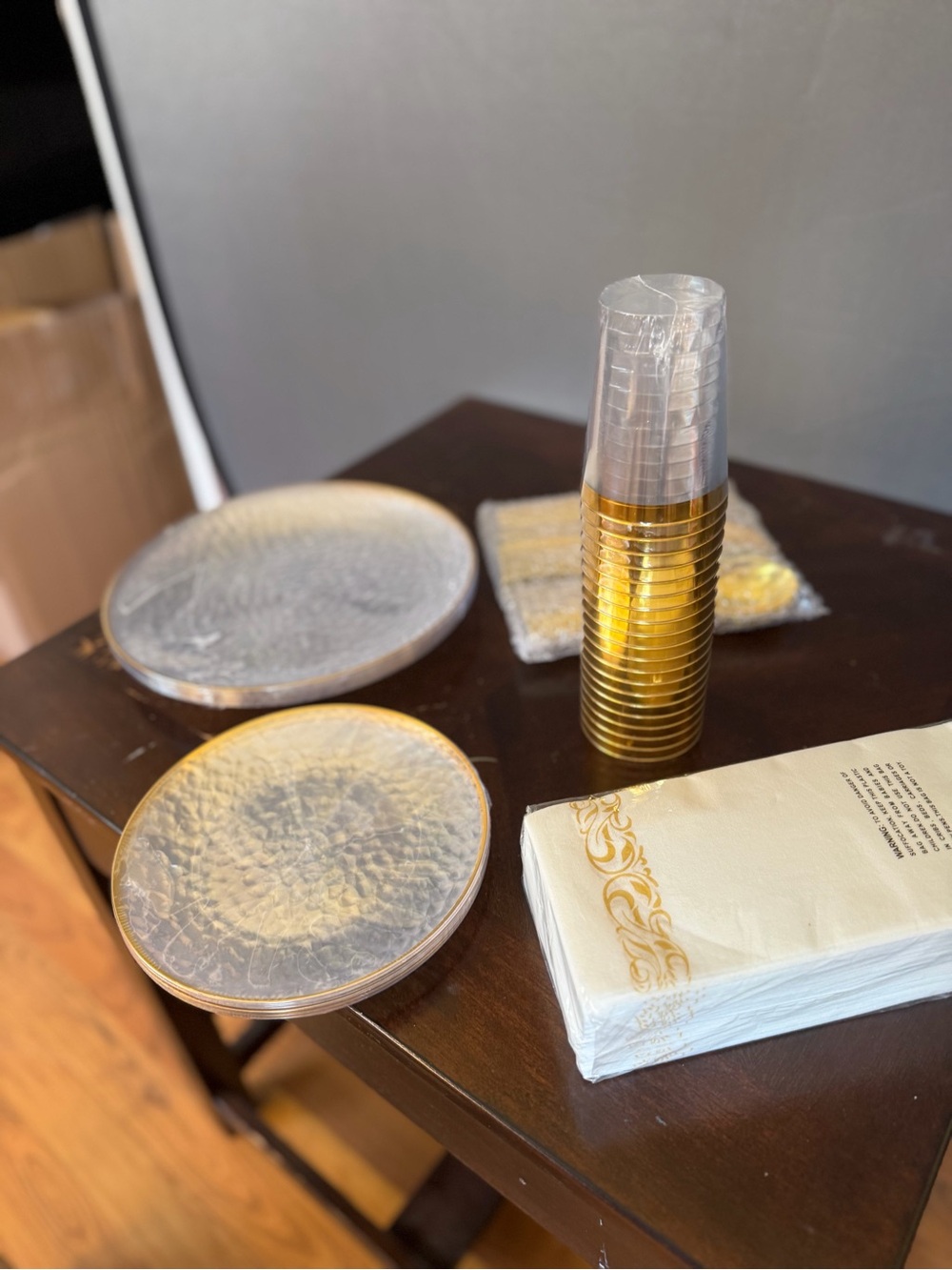 Gold-Rim Glass dinner Set with Disposable Cups, plates silverware for 10